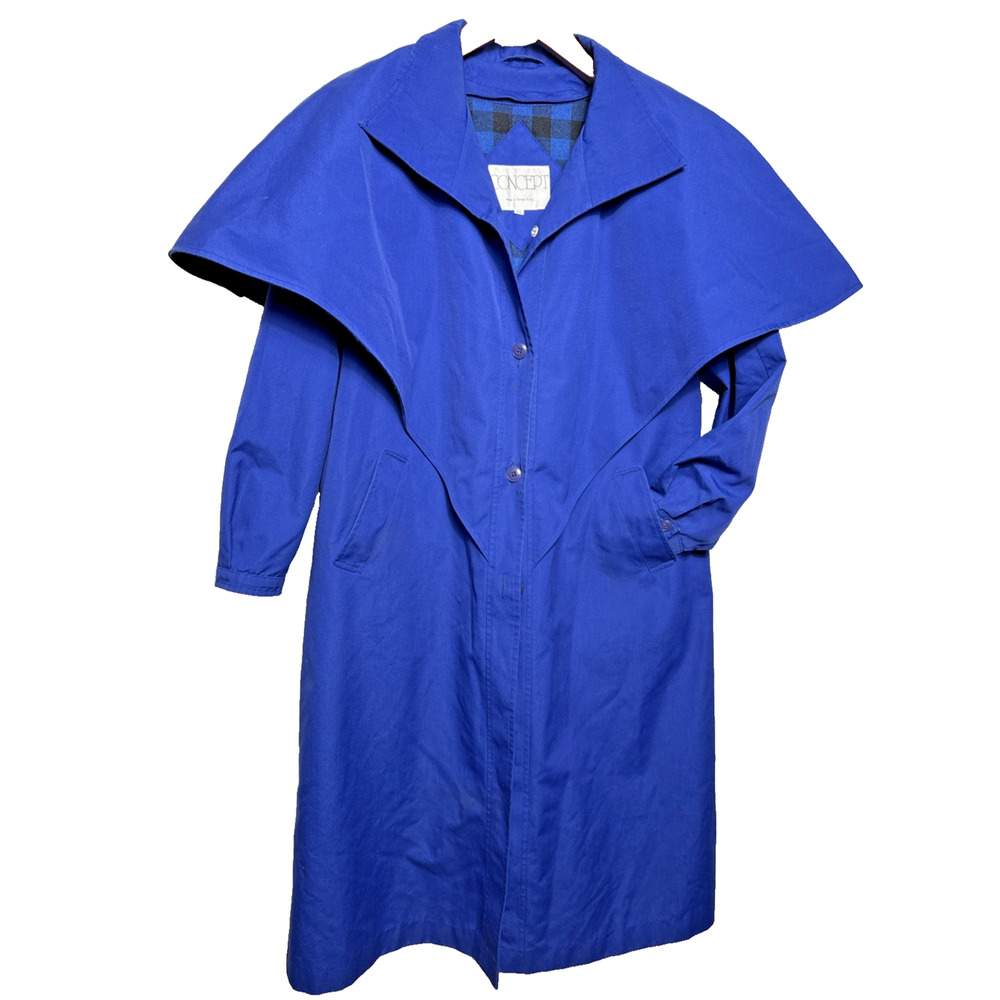 Vintage Blue Trench Coat With Cape Wool Plaid Lining Womens Large Riding Slicker